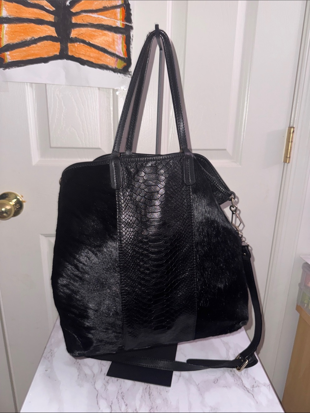 Structured Black Textured Tote with Removable Shoulder Strap